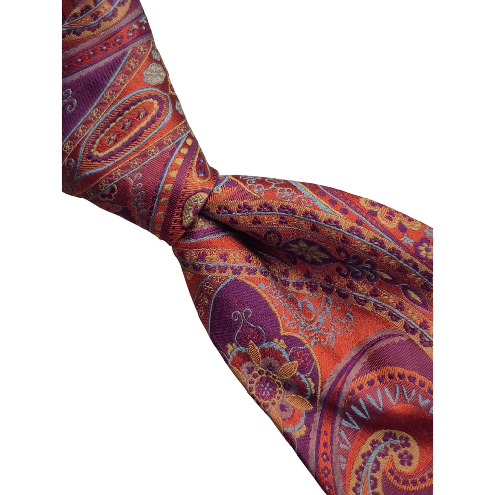 Altea Milano Mens Silk Paisley Tie Orange Purple Blue Hand Made in Italy